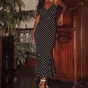 Best Spot to Be Black Polka Dot Sleeveless Ruffled Midi Dress
